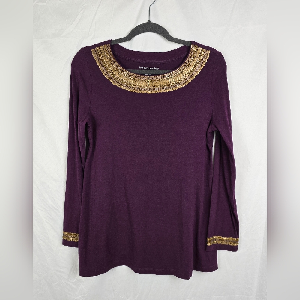 Soft Surroundings Embellished Burgundy Minimalist Long Sleeve Top sz S